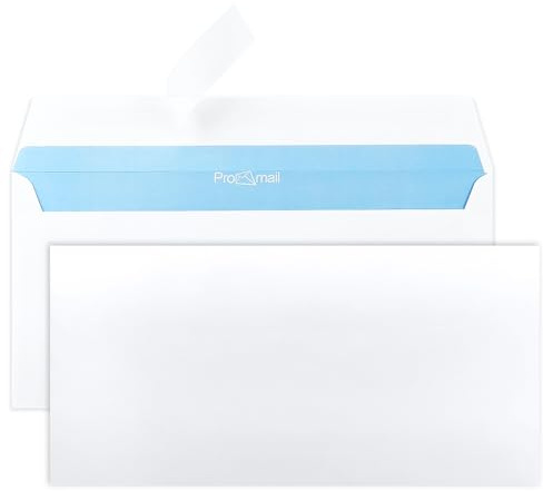 Netuno 1000 buste lettera lunghe bianche formato americano DL 11 x 22 cm 90g buste commerciali americane bianche con stampa interna blu Promail senza finestra taglio dritto con strip adesivo