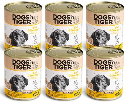 Dogs'n Tiger Junior Nourriture Humide pour Chiots de qualité supérieure pour Chiens, Recette avec 67% de Viande de Poulet avec patate Douce, sans céréales, Sucre et arômes artificiels, 6 x 800 g