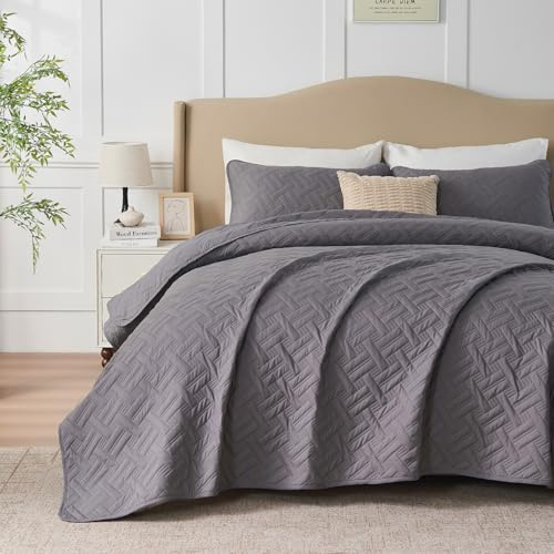 beeweed Quilt Set King Size 3 Pieces, Lightweight Microfiber Basket Pattern Bedspreads for All Season, Grey Soft Summer Coverlet Set with Ultrasonic Quilting Technology