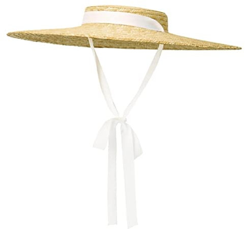 EPERDE Chapeau de paille vintage à large bord pour femme - Chapeau de plage d'été à haut plat - Couronne peu profonde - Chapeau de soleil en osier avec ruban