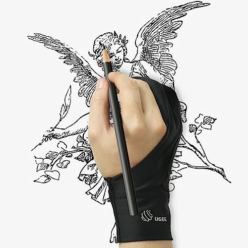 Ugee Künstlerhandschuh zum Zeichnen, Verbesserte doppelt gepolsterte Handschuhe, Zweifingerhandschuh für Grafiktabletts iPad Glatte Elastizität Atmungsaktiv für Stift Bleistift Skizze Malen, Größe M