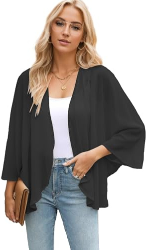 Famulily Ladies Chiffon Kimono Cardigans Summer Sheer Shrugs Top Half Sleeve Open Front Beach Cover up (L,Black)
