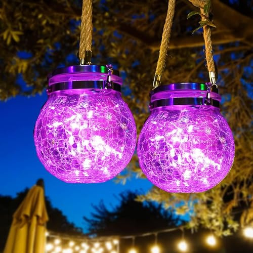 CUTEBAOO Solar Lights outdoor Garden, 2 Pack Garden Ornaments Garden Lights IP44 Waterproof Hanging Frosted Glass Solar Mason Jar Lights for Table, Yard, Garden, Patio, Lawns,Pink-2pcs
