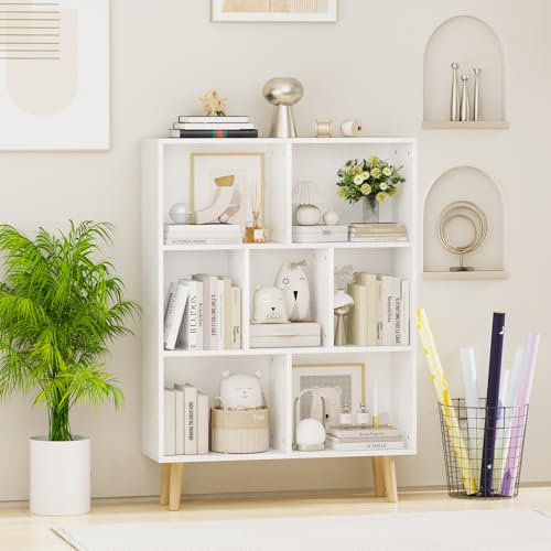 CHOWGOLI Bücherregal, Bücherschrank Standregal, Würfelregal weiß Mit 7 Fächern, Moderner Stil Aufbewahrungsregal, Bücher Regal Weiß, 80x24x110cm