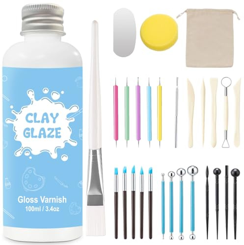 100ml air dry clay glaze und 29pcs modellierwerkzeug Werkzeug, ton glasur ohne brennen Schützt die Keramik vor Oberflächenverschleiß und kann zum Stippeln, Schnitzen, Gießen verwendet werden (Glanz)