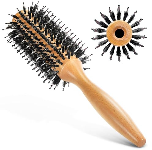 BFWood Round Brush for Blow Out, 1.2 Inch Natural Wooden Boar Bristle Hair Brush for Blow Drying, Curling, Styling & Volume