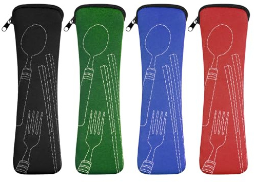 Vicloon 4 Piezas Bolsa de Cubiertos Portátil con Cremallera para Guardar Cubiertos en Camping, Trabajo, Escuela y Picnic (Negro/Azul/Rojo/Verde)