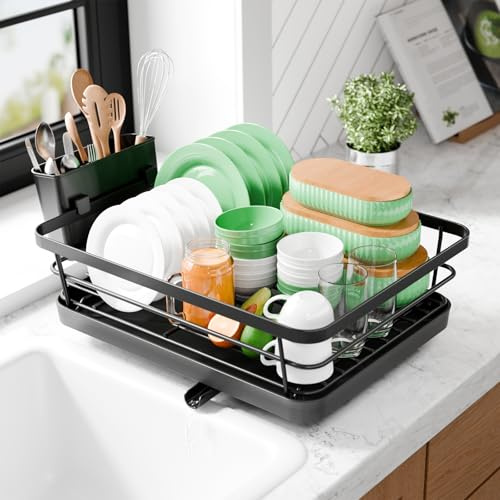 Kitsure Dish Drying Rack - Compact Dish Rack with Utensil Holder & Adjustable Water Outlet, Rust-Proof & Scratch-Resistant Drying Rack for Kitchen, 14.5 x 12.0 x 4.0, Black