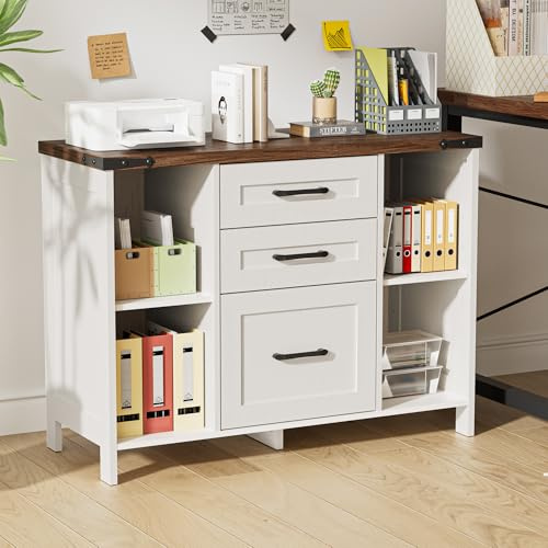 BonVache Armario archivador con 3 cajones y 4 compartimentos abiertos, armario de almacenamiento para oficina y hogar, armario multifunción con compartimentos ajustables, 88 x 35 x 66 cm, color blanco