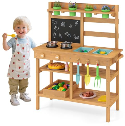 GYMAX Kids Mud Kitchen, Outdoor Toy Kitchen with Removable Sinks, Chalkboard, Stovetops, Accessories & Storage Shelves, Wooden Cooking Role Playset for 3+ Years Old Boys Girls