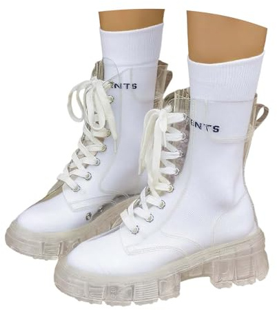 Botines de plataforma de moda para mujer con suela de cristal con calcetines, cordones elevados transparentes elegantes tacón de bloque botas de goma con tacón grueso, botas clásicas cómodas, claro
