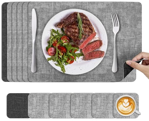 KitchenBoss Manteles Individuales Lavables: Juego de 6 Salvamanteles Individuales para Mesa y Posavasos, Mantel Individual Plastico de Doble Cara Resistentes al Calor Antideslizant