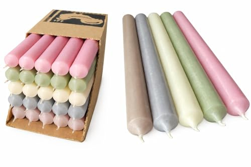Stabkerzen Set 25 Stück Pastell Mix – extra lang 25 cm – durchgefärbt & tropffrei Ø 2,2 cm Made in Germany Premium Tafelkerzen in Rosa Taupe Creme Salbeigrün & Grau 12 Std. Brenndauer (Pastell Dreams)