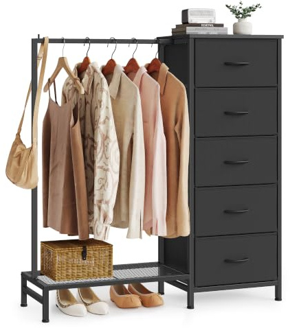 SONGMICS Chest of Drawers, 5 Fabric Drawers, Freestanding Wardrobe with Hanging Rail and Bottom Shelf, 96.2 x 30 x 117.7 cm, for Bedroom, Closet, Hallway, Living Room, Ink Black LGS423B101