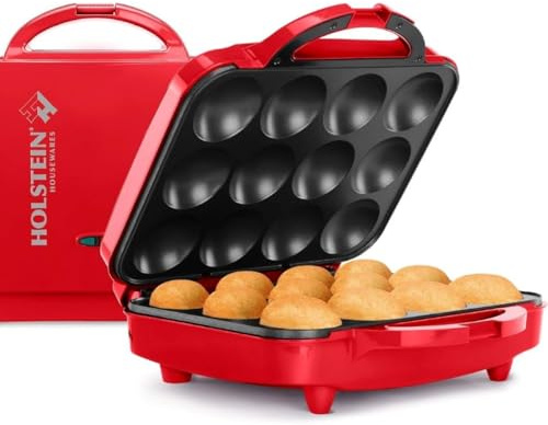 Holstein Housewares Non-Stick 12-Count Electric Cupcake Maker Machine – Bakes 12 Cupcakes, Muffins, Pizza Cups, Cinnamon Buns – Perfect for Gifts, Birthdays, Holidays, or Bake Sales, Red