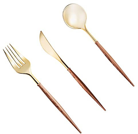 Lullaby 120PCS Gold Plastic Silverware, Gold Disposable Cutlery with Wood Grain Handle Include 40 Forks, 40 Spoons, 40 Knives, Elegant Disposable Silverware for Wedding, Party, Gathering, Daily Use