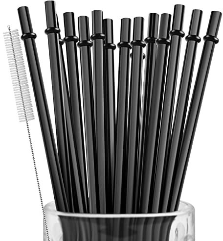 15 Pieces 11 Inch Black Reusable Plastic Replacement Drinking Straws, Fit for 24 oz 32oz 40oz Mason Jars, Tumblers, Extra Long Unbreakable Drinking Straws with Cleaning Brush, BPA Free