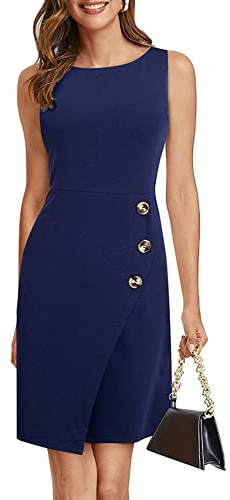 HOMEYEE Robe Crayon Vintage sans Manches Robe de Bureau Affaires Cocktail pour Femme B705 (M, Bleu Marine)