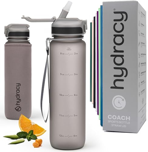 Hydracy Borraccia con Indicatore del Tempo e Cannuccia - 1L Bottiglia a Prova di Perdite senza BPA - con Manicotto Anticondensa - Ideale per Sport e Attività all'aria Aperta