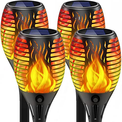 Teliser Solarlampen für Außen Garten, Solar Gartenfackeln 4er, Solar Flammenlicht 33LED, mit Flammeneffekt, Solar Fackeln Lampen für Terrasse, Balkon, Rasen IP65 wasserdicht, Warmweiß, SF-01