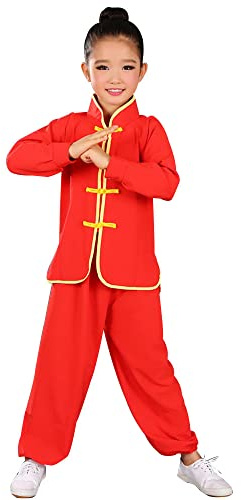 YEMYIQZ Kids Kung Fu Clothing Traditional Tai Chi Uniforms for Boys Girls Chinese Martial Art Wing Chun Long Sleeve Tang Suit (US, Alpha, X-Large, Regular, Red)