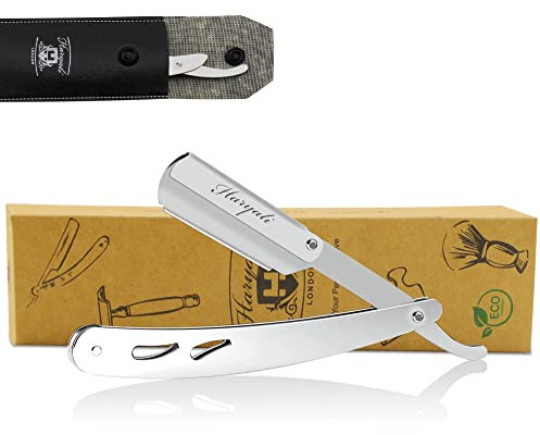 Haryali London, Edelstahlrasierer mit auswechselbarer Klinge, professioneller Rasierer für die Nassrasur. Herrenrasierer mit Lederetui - Silberfarben