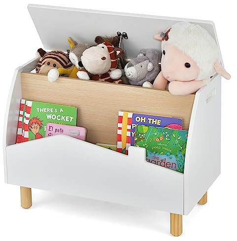 COSTWAY Estantería de Juguetes con Almacenamioneto, Baúl de Juguetes de Madera con Estante Expositor, Librería Infantil con Bisagra de Seguridad, Caja de Juguetes para Niñas y Niños (Blanco)