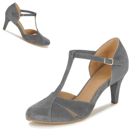 Dystralix Women Mary Jane Kitten Heels Pumps Shoes Grey Ankle T-Strap Closed Round Toe Sandals Heeled Cutout Suede Mary Janes Dress Shoe Grey Mid Heel Office Ladies Wedding Party Dance Grey 9