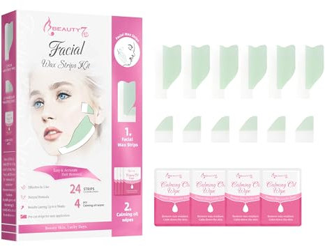 Beauty7 Strisce di Cera a Freddo per il Viso 24 Strisce Formula di Cera per il Viso per Pelli Sensibili Facile Applicazione Ceretta a Lunga Durata