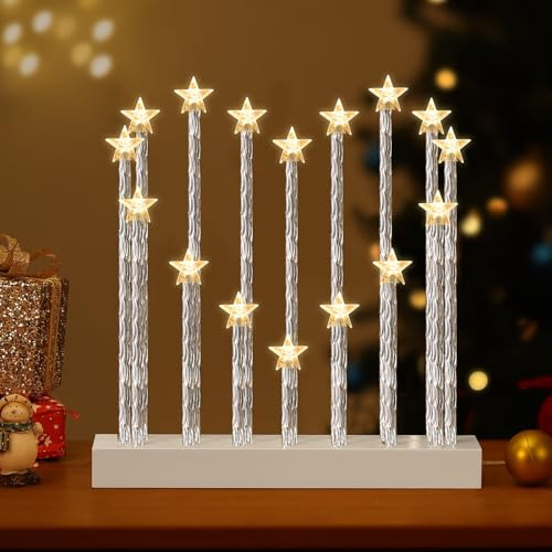 Lewondr Kerzenleuchter Weihnachten, Flammenlos 16 Kerzenlichter, Dekorativ Herzform LED Bogen Weihnachten Holz Weihnachtslichter Fensterbank, USB-betrieben Kerzenbrücke Schwibbogen für Advent, Weiß