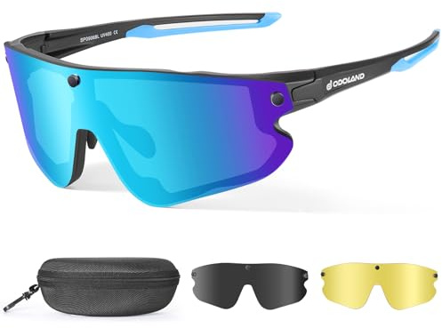 Odoland Polarized Sports Sunglasses, Black Frame with Blue Lenses, Additional Grey and Night Vision Lenses for Men and Women, Driving, Fishing