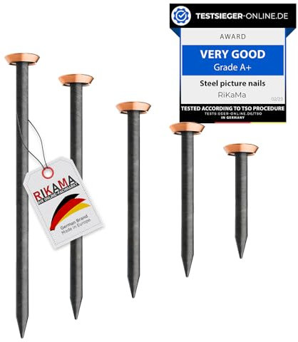 RIKAMA® – 50 chiodi per foto in mix di 10 x 20 mm, 25 mm, 30 mm, 40 mm, 50 mm con supporto – Chiodi in acciaio per l'uso su cemento, mattoni, intonaco e legno – Made in Germany (testa in rame)
