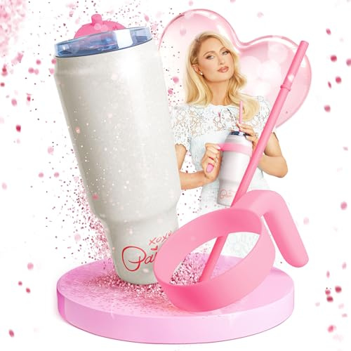 Paris Hilton – pinke Edelstahl Trinkflasche mit Kunststoffgriff und Strohhalm – 1,1 L, Doppelwandig Isoliert, Abnehmbarer Griff