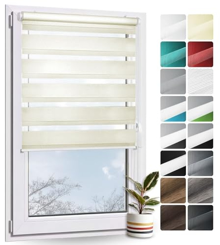 Rollmayer Doppelrollo Klemmfix ohne Bohren Klemmrollo Fensterrollo (Creme 80 x 130 cm BxH) Duo Rollo Sonnenschutzrollo Zebrarollo Seitenzugrollo für Fenster und Tür