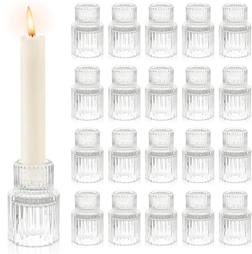 Glass Candlestick Holders Set of 20, Clear Candle Holders Bulk, Small Taper Candle Stand for Table Centerpiece Baptism Wedding Church Christmas Dinner Easter Party Home Gift, 7 x 4.5 cm
