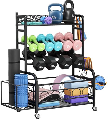 Flycity Soporte Mancuernas para Gimnasio en Casa, Soporte Pesas para Mancuernas, Estante de Pesas Yoga, Soporte para Mancuernas con Ganchos y Ruedas, Può Contenere Manubri, Tappetini da Yoga, Nero