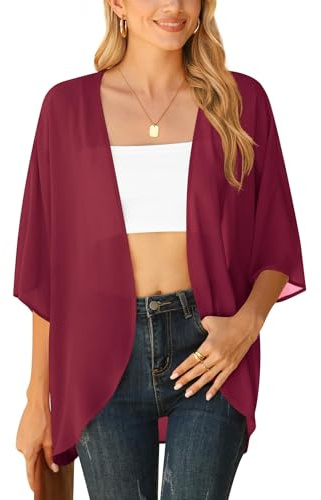 YGJIEGENG Kimonos for Women, Beach Cover Up, Summer Cardigan, Wine Red, M