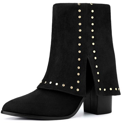 Perphy Fold Over Pointy Toe Block Heel Studded Mid-Calf Boots for Women Black 7.5 UK/Label Size 9.5 US