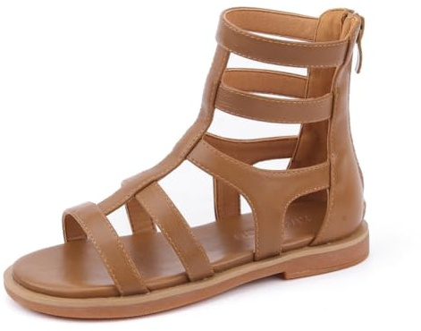 TangDao Sandales pour Fille en Cuir Chaussure Enfant Fille été Sandales Romaines Plates avec Fermeture Eclair Décontracté Confortable EU 36 Marron