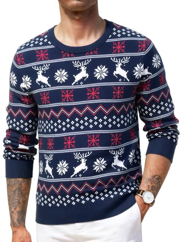 Crewhpo Suéter Navidad Hombre Jersey Navideño de Cuello Redondo de Manga Larga Reno Pullover de Punto para Otoño Invierno