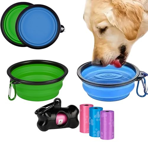 CYNENYC Kit Bebedero Comedero Plegable para Perros + Dispensador de Bolsas con 3 Rollos de Regalo, 2 uds de Cuenco de Silicona Premium, Tazón Portatil de 350 ml para Viajes, Paseos o Excursiones.