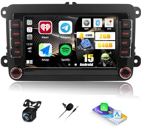 2+64 GB CAMECHO Android 15 bilradio med trådlös CarPlay och Android Auto för VW Golf 5/6 Polo 5 T5 Skoda Passat B6/B7 Seat 7 tum navigering WiFi Bluetooth spegelning FM/RDS backupkamera