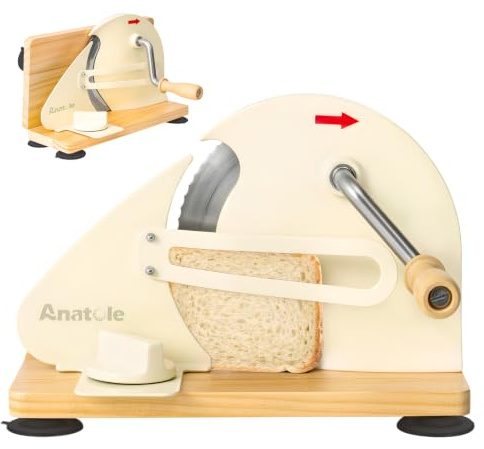 Anatole Trancheuse à Pain Manuelle Pliable Acier Inox 0-20mm Réglable | Coupe Pain Professionnel, 6 Ventouses, Socle&Manivelle en Bois, Guide Métallique Amovible, pour Pain au Levain Toast Baguette