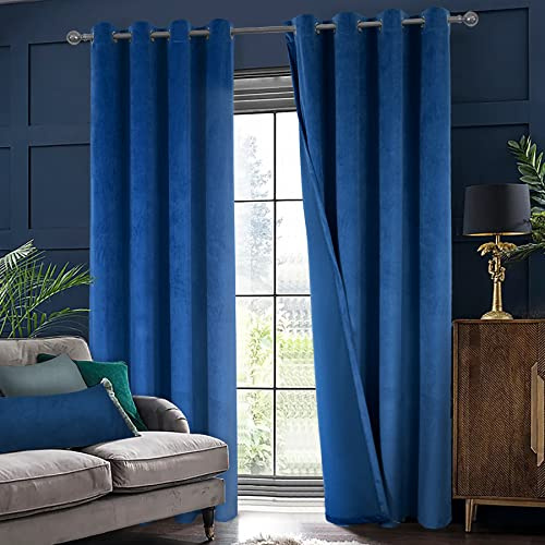 always4u Navy Blue Blackout Curtains Energy Saving Velvet Curtains for Bedroom Living Room 63 Inches Long Soft Room Darkening Drapes, 2 Panels