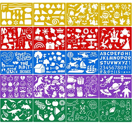 Qpout 20 Stück Farbzeichnung Schablonen für Kinder, Plastikmalerei Schablonen für Kinder Geburtstag Halloween Weihnachten Dinosaurier Party Mitgebsel Geschenkzubehör Vorschule Malwerkzeug