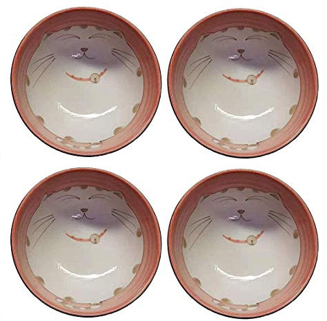 JapanBargain, Juego de 4 cuencos grandes japoneses de porcelana para sopa, fideos de arroz, ensalada, patrón de gato sonriente Maneki Neko, 34 fl.oz, 6.25 pulgadas, fabricado en Japón