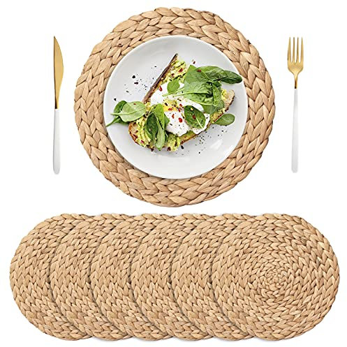 IVAILEX Round Braided Placemats Set for Dining Table, Water Hyacinth Large Handmade Woven Placemats Heat Resistant Non-Slip Washable Table Mats, 6 PACK (11.8 inch (30cm))