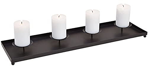 matches21 Adventsgesteck Tablett mit 4 Kerzenhaltern für Stumpenkerzen Adventsdeko Tischdeko Metall schwarz 1 STK 60x17 cm