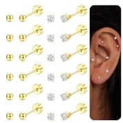 LOLIAS 12 par 2 mm stiftörhängen för kvinnor män flickor 14K guldpläterade 316L kirurgiskt stål broskpiercing små stiftörhängen 20G klar CZ rund boll skruv platt örhänge set