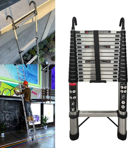 Escalera telescópica de 5 m de acero inoxidable con 2 ganchos, antideslizante, 14 peldaños, fácil de transportar, 150 kg de capacidad